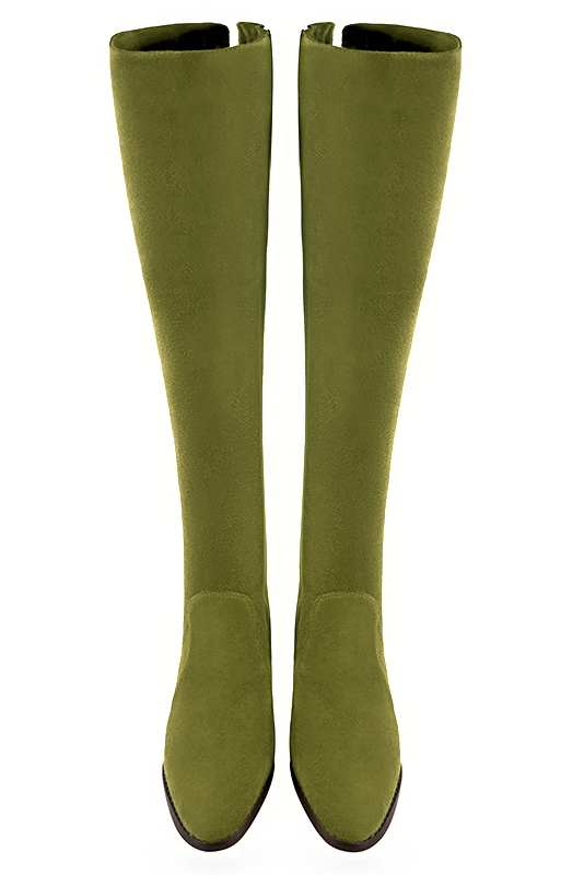 Pistachio green women's leather thigh-high boots. Round toe. Flat leather soles. Made to measure. Top view - Florence KOOIJMAN